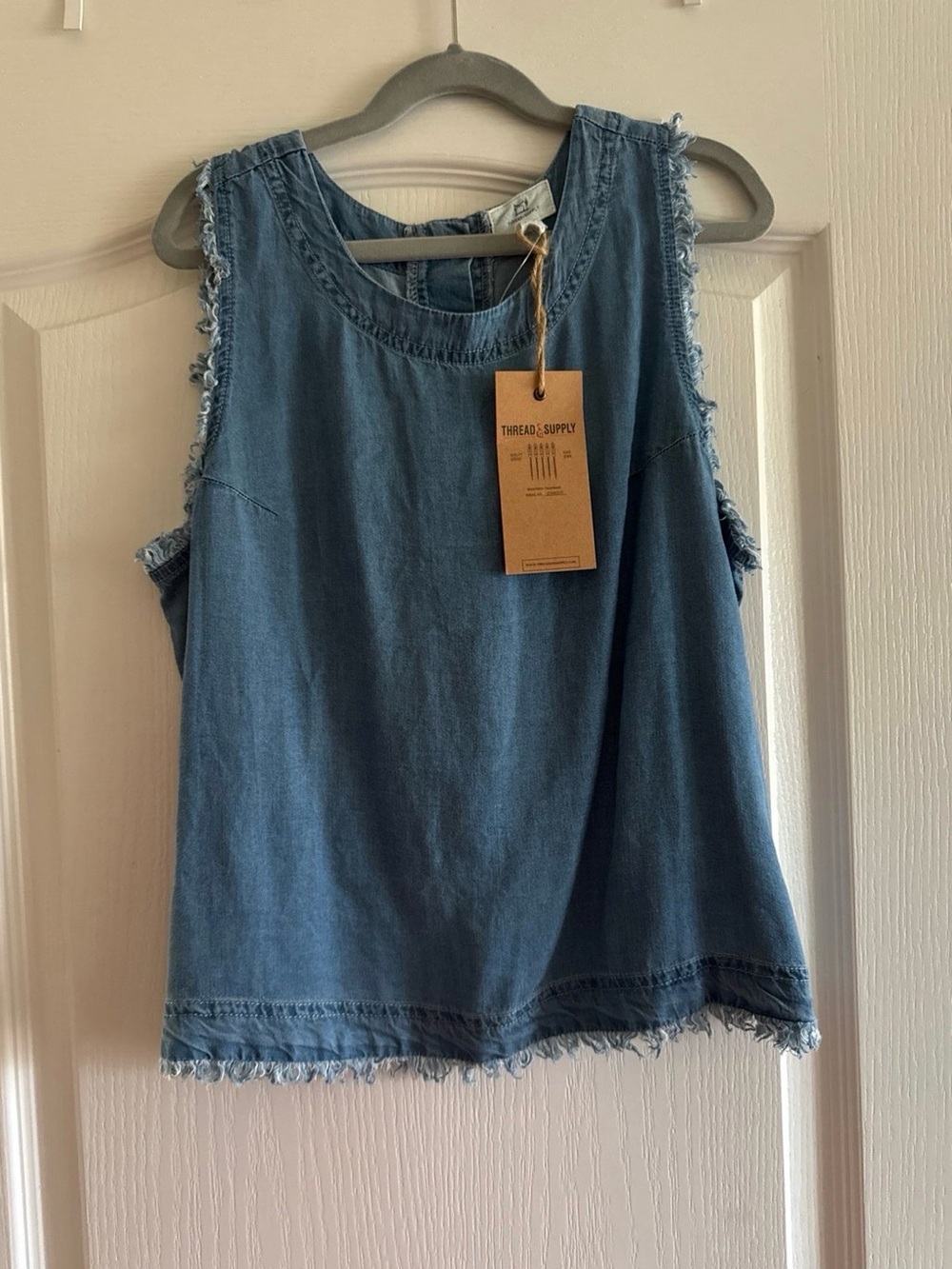Thread & Supply Chambray Frayed-Edge Sleeveless Tank — Blue